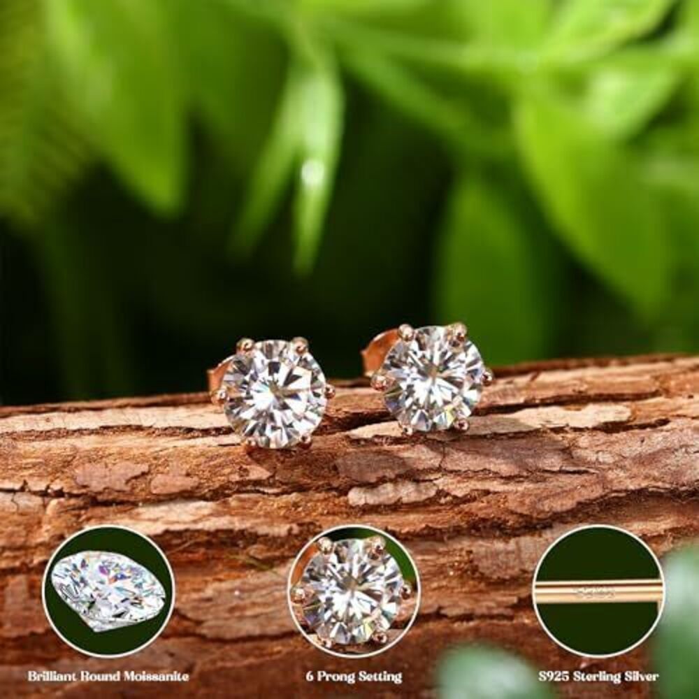 1991 Moissanite Earrings Studs : 18K Rose Gold Plated 925 Sterling Silver - Picture 2 of 7